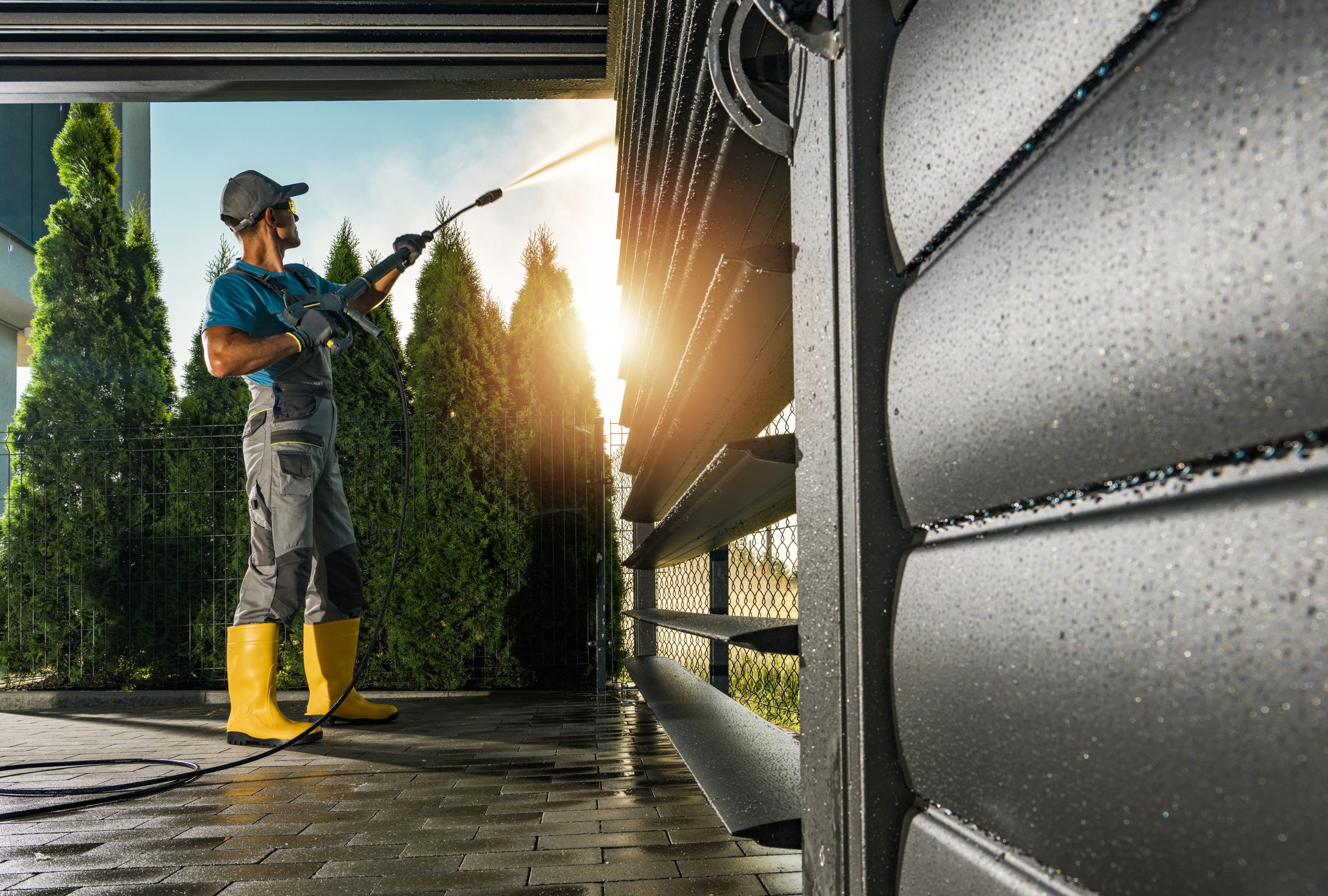 A person in yellow boots power washes an exterior wall near trees on a sunny day.