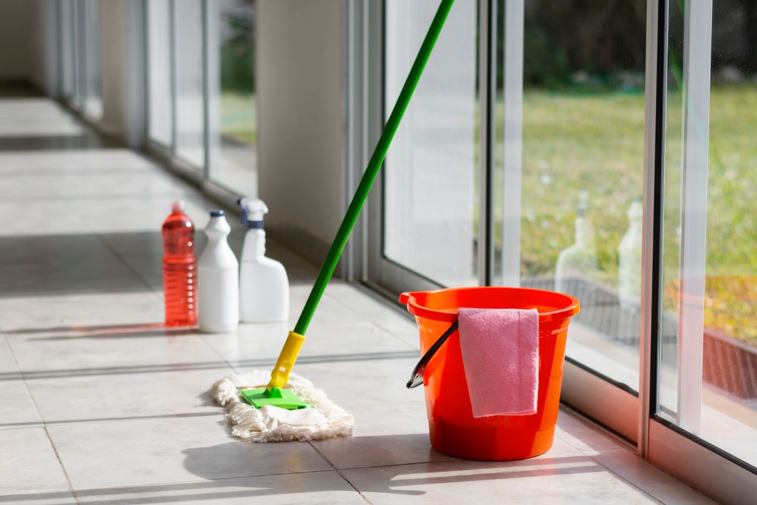 A mop, red bucket, cleaning spray bottles, and a cloth are set by large sunlit windows on a tiled floor.